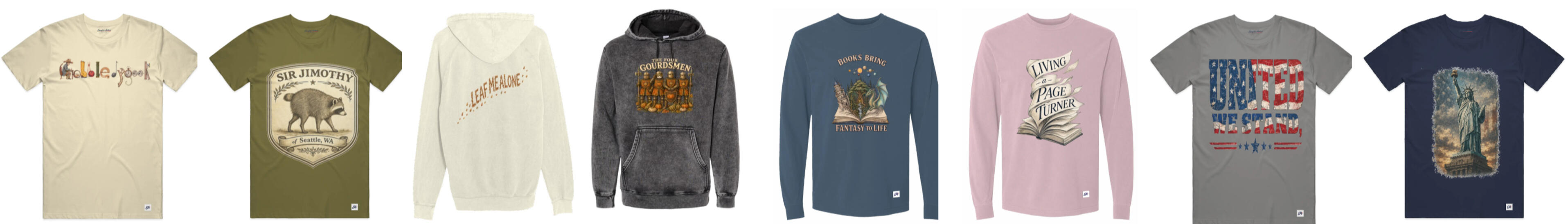 Everyday Anthem apparel collection featuring graphic T-shirts, hoodies, and long-sleeve shirts with humorous, bookish, seasonal, and American heritage designs.