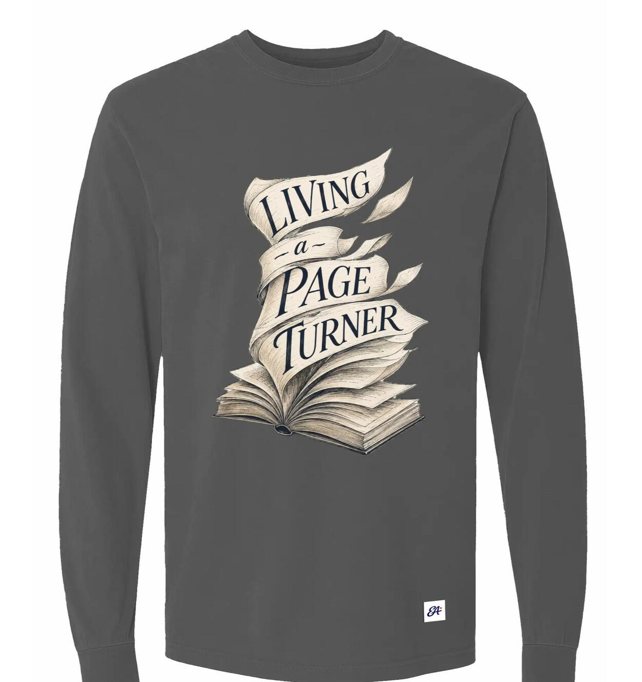 Black Living a Page Turner long-sleeve shirt with an open-book illustration and cream page ribbons.