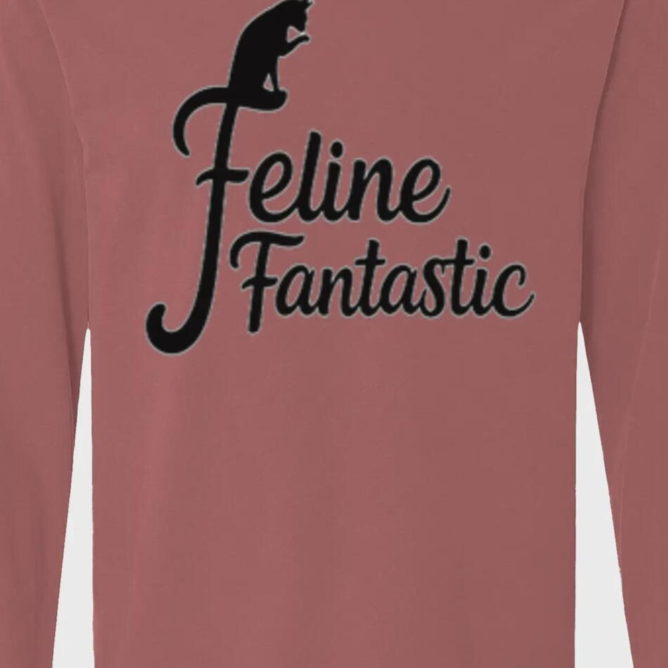 Brick Feline Fantastic long-sleeve shirt with a black cat silhouette and flowing black lettering.