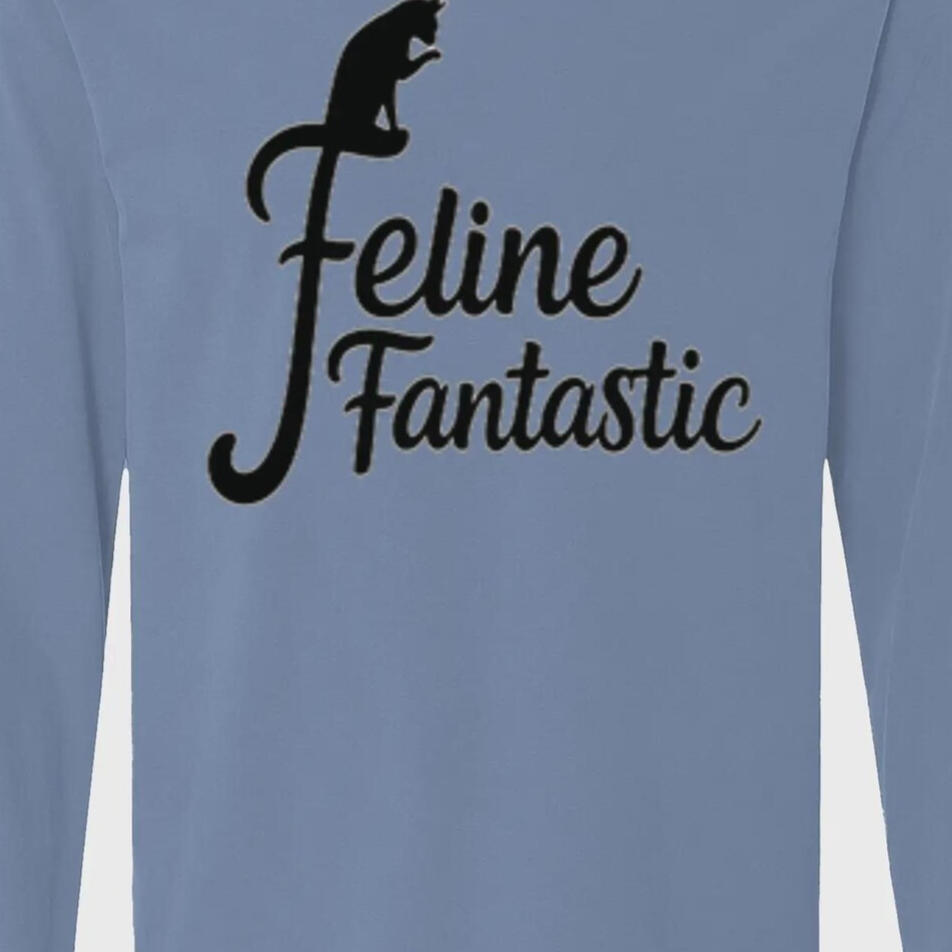 Flo Blue Feline Fantastic long-sleeve shirt with a black cat silhouette and flowing black lettering.