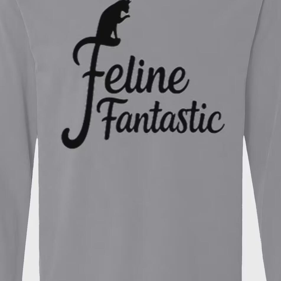 Granite gray Feline Fantastic long-sleeve shirt with a black cat silhouette and flowing black lettering.