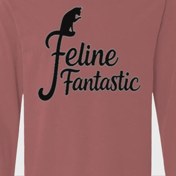 Brick Feline Fantastic long-sleeve shirt with a black cat silhouette, flowing black lettering, and natural fabric spacing above the design.