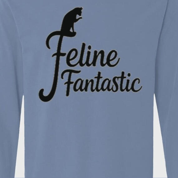 Flo Blue Feline Fantastic long-sleeve shirt with a black cat silhouette, flowing black lettering, and natural fabric spacing above the design.