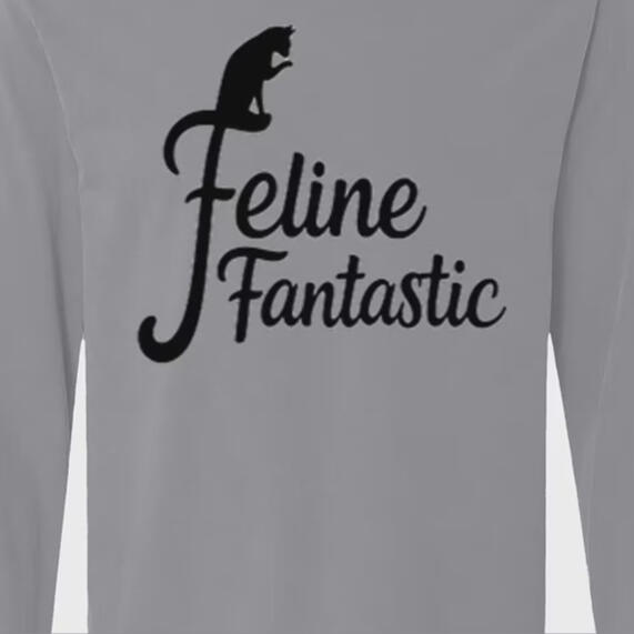 Granite gray Feline Fantastic long-sleeve shirt with a black cat silhouette, flowing black lettering, and natural fabric spacing above the design.